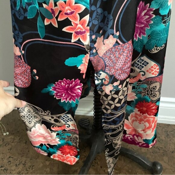 Natori Black Asian Floral Long Sleeve Kaftan Nightgown Dress - Small / Medium - Picture 5 of 10